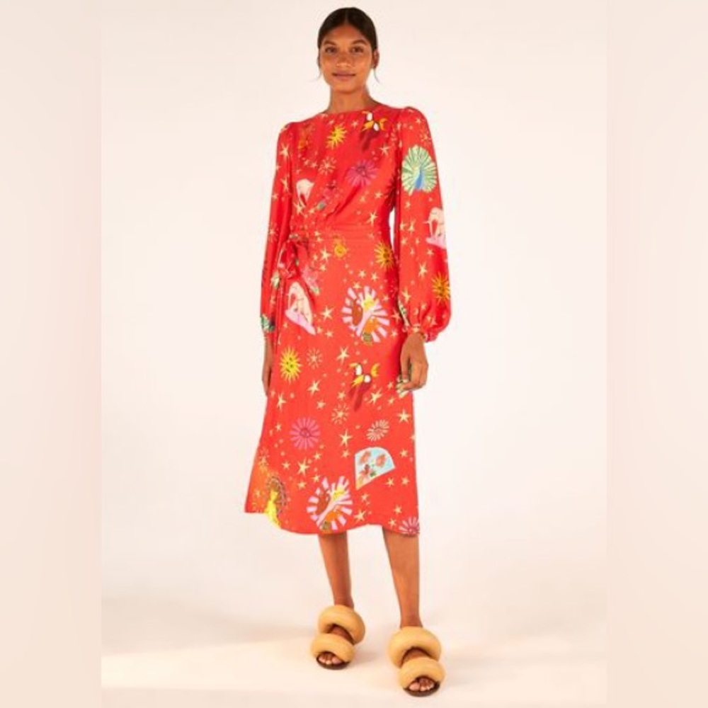 Farm Rio Lotus Star Front Twisted Midi Dress
